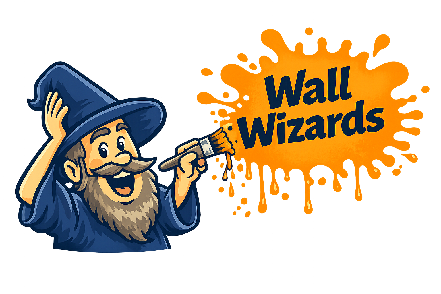Wall Wizards mascot — a friendly wizard painting a wall